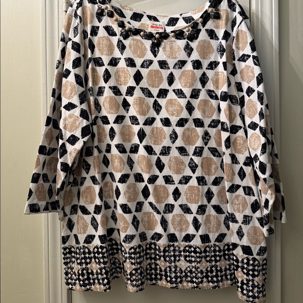 Ruby Rd 3x top embellished top in blacks, creams and tan